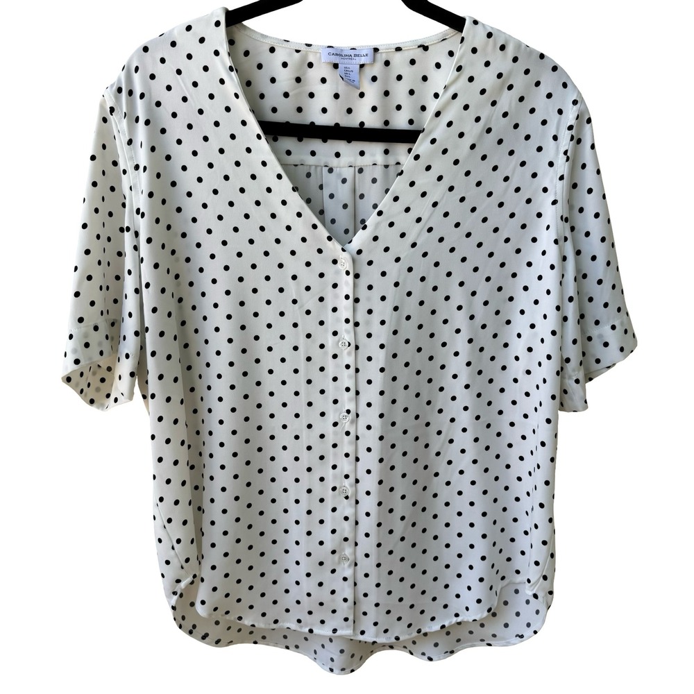 Carolina Belle Parisian Chic Polka Dot Minimalist Professional V-Neck Blouse L